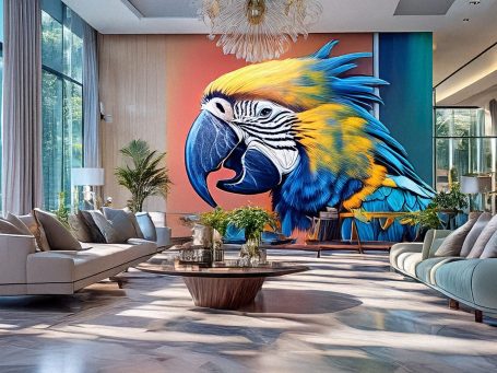 Moderne Lobby mit einem großen Papageien-Wandgemälde und stilvollen Möbeln.