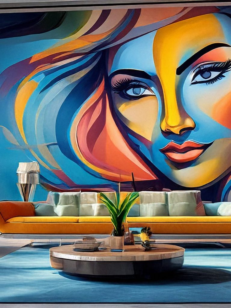Buntes Wandgemälde eines Gesichts über modernem Wohnraum mit Sofa und Tisch in einer Hotel-Lobby