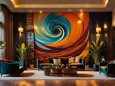 Moderne Hotel-Lobby mit buntem Wandgemälde und eleganten Sitzmöbeln. Pflanzen ergänzen die Dekoration.