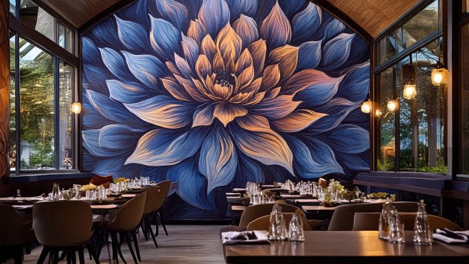Große, künstlerische Löwenblume an der Wand eines eleganten Restaurants.