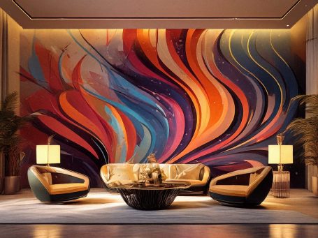 Moderne Lounge mit geschwungenem, buntem Wandgemälde und stilvollen Sessel im Hotel